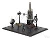 Marklin vertical steam engine with transmission and three tools, to include a grinding wheel