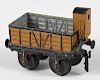 Marklin embossed and painted tin gondola train car with a guard shack, gauge 1, 5'' l.