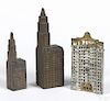 Three cast iron building still banks, to include two Kenton Woolworth buildings, 8'' h.
