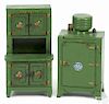 Hubley cast iron green Cabinette and GE refrigerator, 7 5/8'' h. and 7 1/4'' h.