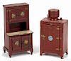 Hubley cast iron red Cabinette and GE refrigerators, 7 5/8'' h. and 7 1/4'' h.