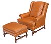 William and Mary Style Leather Upholstered Walnut Easy Chair and Ottoman