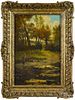 Oil on canvas landscape with a gentleman fishing, 19th c., 18 1/4'' x 12''.