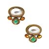 Signed 18k Gold Clip Earrings with Emerlad, Citrine & mabe Pearl