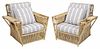 Pair Rattan and Striped Upholstered