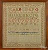 Two needlework samplers, early 19th c., 18'' x 16 3/4'', one inscribed Mary Jane Moore, 17'' x 7 1/2''