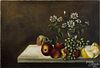 Oil on canvas still life, 19th c., depicting fruit and flowers on a table, 15'' x 22''.