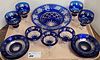 tray cobalt cut to clear bowl 3 1/2"h x 11" diam, 4 goblets 5 1/2", 3 champagnes 4" and 8 saucers 6" diam (some small chips)