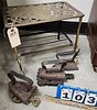 19th c brass and wrought trivet stand w/ 3 sad irons and 2 trivets