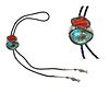 Navajo - Pilot Mountain Turquoise, Coral, Silver and Leather Bolo Tie with Feather Design c. 1960s, 2.75" x 2.375" (J90885B-0923-006)