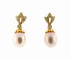 14k Gold Diamond Pearl Dangle Earrings