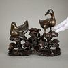 Pair 19th c. Chinese Bronze Ducks w/ Carved Stand