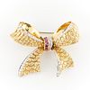 18k Gold Bow Brooch with Diamonds and Rubies