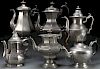 A GROUP OF SIX AMERICAN PEWTER COFFEE AND TEAPOTS