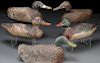 FIVE WOOD AND CORK PAINTED DUCK DECOYS