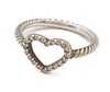 David Yurman (American) Lady's Pave Heart 925 Silver Ring, Size: 7 0.6t oz