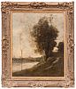 Attributed to Jean-Baptiste-Camille Corot (French, 1796-1875) Oil on Canvas, "Landscape with Figure", H 29" W 23.75"