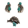 NO RESERVE Navajo - Turquoise and Silver Feather Pin and Screw-back Earrings with Stylized Moth Design c. 1950s (J16026)