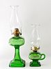 ANTIQUE EMERALD GREEN GLASS OIL LAMPS (2)