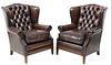 (2) ENGLISH TUFTED BROWN LEATHER WING ARMCHAIRS