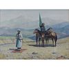 19/20th Century Russian Watercolor, Mountain Landscape with Figures and Horses