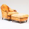 Art Deco Style Leather Upholstered Club Chair and Ottoman