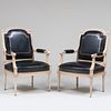 Pair of Louis XVI Style Painted Armchairs with Black Leather and Silver Tooled Upholstery