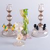 Two Pairs of Murano Glass Candlesticks and a Pair of Double Bud Vases
