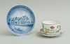 CREAM STAFFORDSHIRE FINE BONE CHINA COFFEE CUP AND SAUCER WITH AMMING GOLFING VIGNETTES AND A ROYAL COPENHAGEN SOUVENIR PLATE
