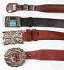 Four Native American Indian belts, silver buckles
