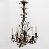 Small Painted Tôle and Porcelain Six-Light Chandelier