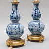 Pair of Delft Blue and White Double Gourd Vases Mounted as Lamps