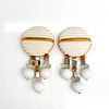 Chunky Pair of White and Gold Tone Clip-On Dangle Earrings