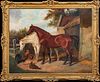  A PAIR OF HORSES OUTSIDE A STABLE OIL PAINTING