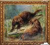  OTTERS FIGHTING OVER A PIKE OIL PAINTING