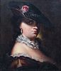 PORTRAIT OF A LADY WEARING A HAT AND PEARLS OIL PAINTING