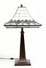 Square Leaded Glass Shade Table Lamp, Black on White H 27" W 15"