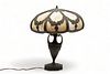 Pairpoint (American) Lacquered Brass Lamp Base (# 3015) & Slag Glass Paneled Shade, H 21.5" Dia. 19.5"