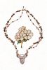 925 Silver & Stone Necklace & Enamel Flower Brooch, L 22" 120g 2 pcs