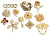 12 Gilt Metal & Faux Gemstone Costume Brooches