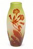 After Galle Signed Carved Overlay Glass Vase, Morning Glories H 13" Dia. 5"
