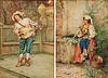 Dario Santini And E. Querciola Watercolors on Paper, Ca. 1900, "Woman Seated at a Fountain And a Man with a Mandolin", H 21" W 14.25" 2 pcs