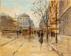 Claude Leroux (French, 1930-2006) Oil on Panel "Paris Street Scene (Autumn)", H 13" W 16.2"