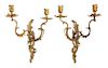 A Pair of Louis XV Style Gilt Metal Two-Light Sconces Height 15 inches.