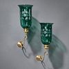 Pair of Etched Emerald Glass and Brass Wall Sconces