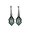 Platinum Drop Earrings with Diamonds, Emeralds and Onyx