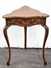 ANTIQUE 3-SIDED BELGIAN CARVED SIDE TABLE