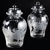 Pair of Glass Jars and Covers Etched with Dragons