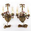 Pair of Antique French Gilt Bronze Sconces With Porcelain Flowers