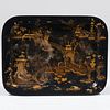 Regency Style Black Lacquer and Parcel-Gilt Chinoiserie Decorated Tray on Later Stand